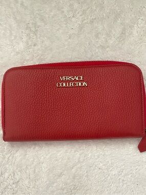 Versace Collection Red Zip-Around Pebbled Leather Wallet
